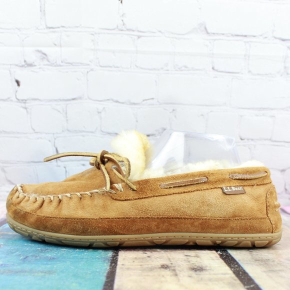 L.L. Bean Other - LL Bean Brown Suede Shearling Lined Wicked Good Moccasin Slippers Size 9 M